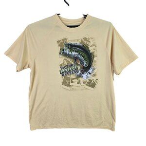Mens Largemouth Bass Fishing Yellow T Shirt Short Sleeve Crew Neck Polyester XL